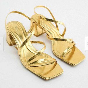 Zara Mid-Height Block Heel Sandals in Gold